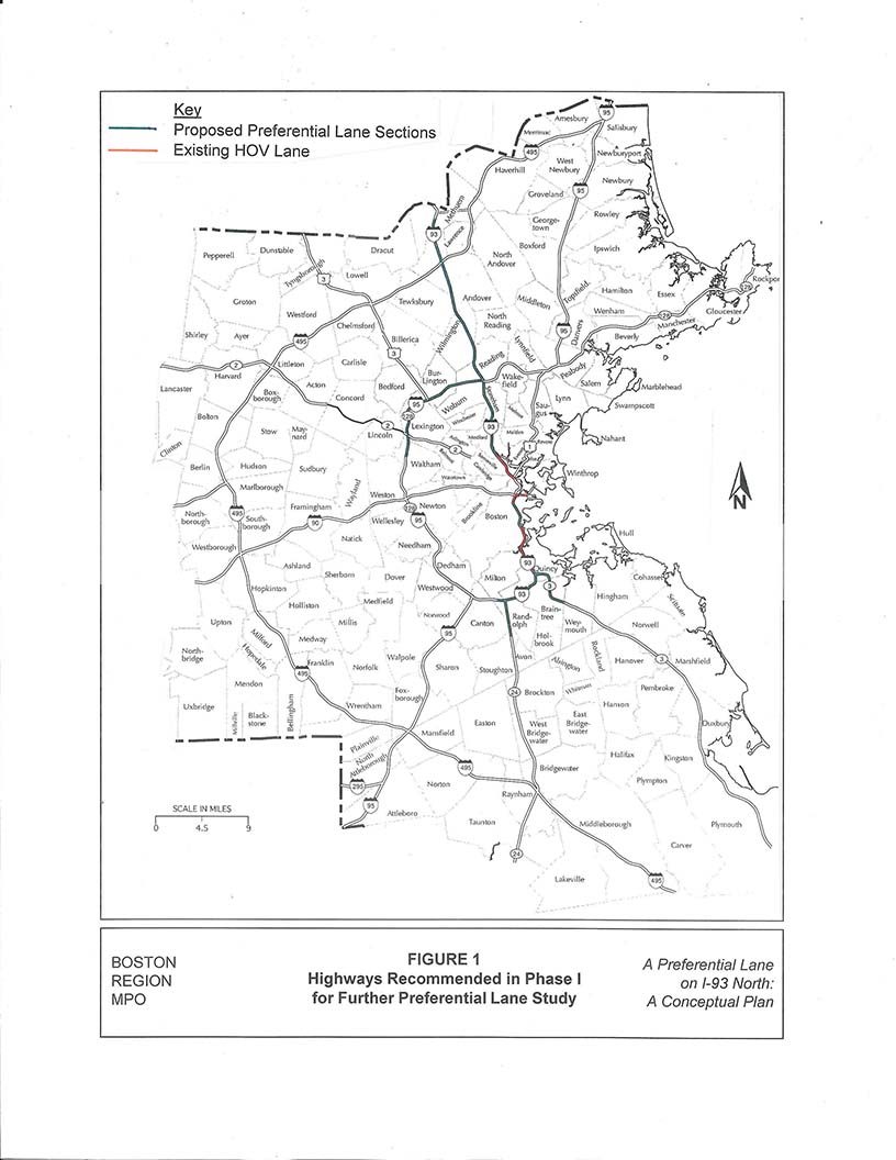 FIGURE 1. Highways Recommended in Phase I for Further Preferential Lane StudyThis is a full-page map depicting highways recommended for further study in phase 1. The proposed preferential lane sections are delineated in green; the existing HOV lanes are marked in red.